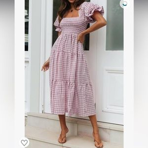 ZESICA Bohemian Plaid Square Neck Puff Sleeve Ruffle Flowy Beach Midi Dress